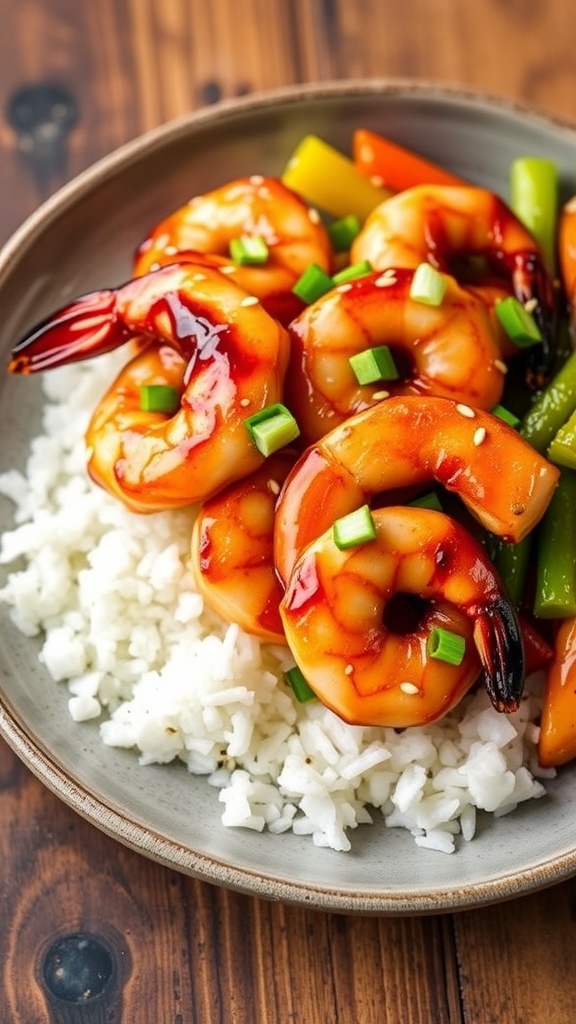 Air Fryer Teriyaki Shrimp Recipe Air fryer teriyaki shrimp served over rice, garnished with sesame seeds and green onions.